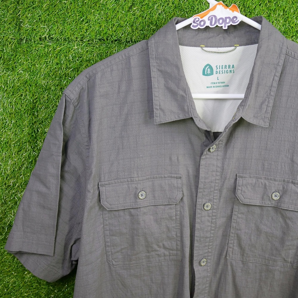 Sierra Designs Shirt Gray Ripstop Short Sleeve Hiking - Mens Size L